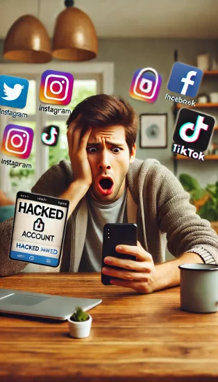 DALL·E 2025-04-25 17.30.07 - A frustrated young adult looking at a smartphone with a shocked and upset expression, sitting at a table. The smartphone screen shows a hacked account